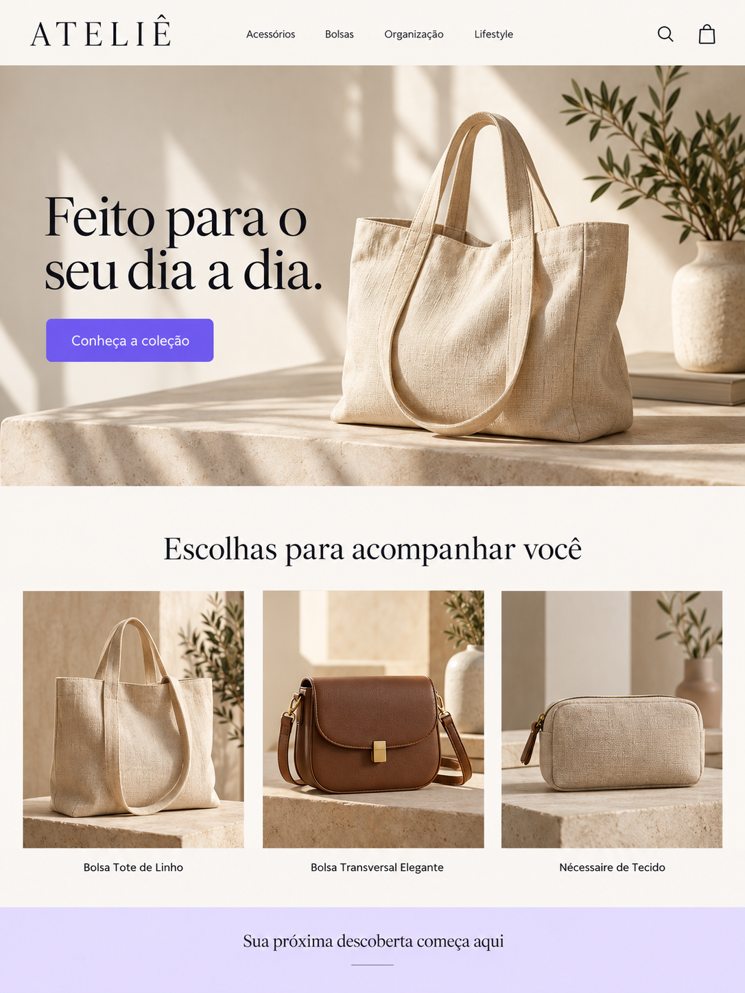 Tela ilustrativa de uma loja virtual Ateliê: vitrine de bolsas, coleção em destaque e catálogo de produtos.